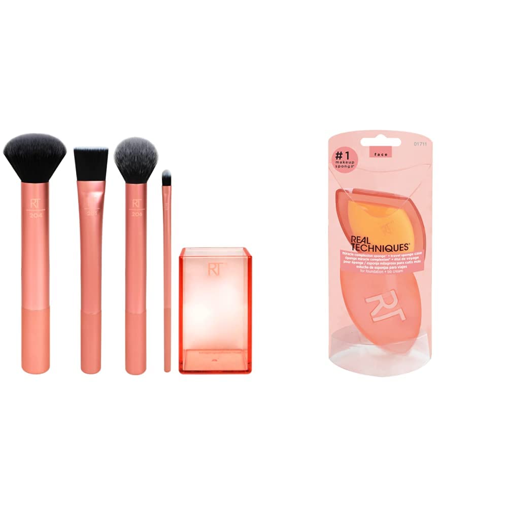 REAL TECHNIQUES Flawless Base - Set de 4 brochas para maquillaje & Miracle Complexion Sponge & Travel - Esponja Aplicadora con Funda, Naranja