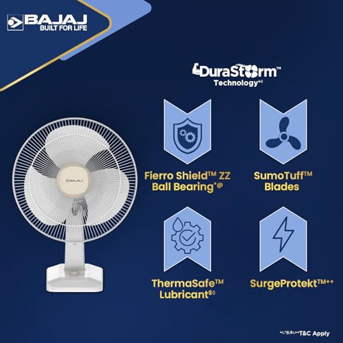 Image of Bajaj Shield Series Robusto High Speed 400MM Table Fan For Home | Durastorm Technology | Surge Protection | 100% Copper Motor | High Air Delivery | 3 Years Warranty 【Beige & White】