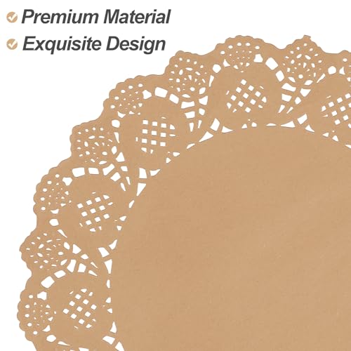 MCEAST 300 Pack Round Brown Kraft Paper Doilies 13.5 Inches Lace Paper Place Mats Rustic Scallop Doily Disposable Table Pads for Food Cakes Crafts Party Weddings Tableware Decor
