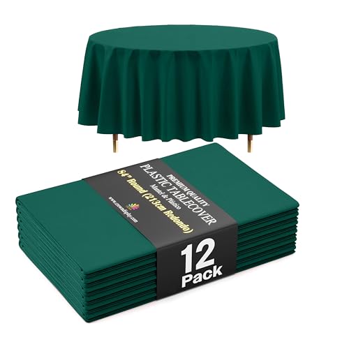 Image of Exquisite 66% Thicker Premium Dark Green Round Tablecloth 0.5 Mil 12 Pack Plastic Table Cloth Disposable 84 Inch Round Plastic Tablecloth Won't Tear Easily Like Cheap Thin Brands