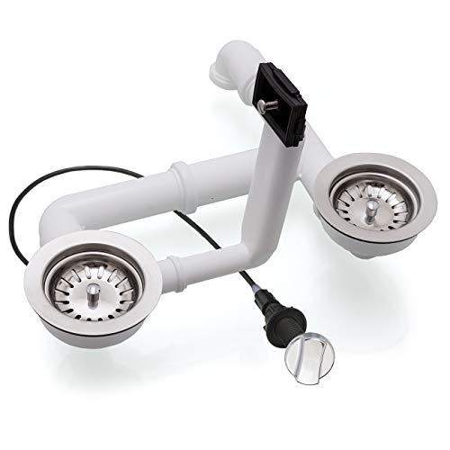 Spülenablauf 3 1/2" für Doppelbecken mit Überlauf rechteckig 2 x Siebkorbventil Ø 114 mm Ablaufgarnitur EXA35/2-RS-12-4-5 mit Drehexcenter Auswahl Edelstahl poliert Cover