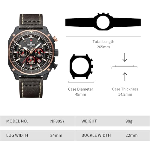 Image of NAVIFORCE NF8057 Square Vintage Military Chronograph Genuine Leather Analog Watch