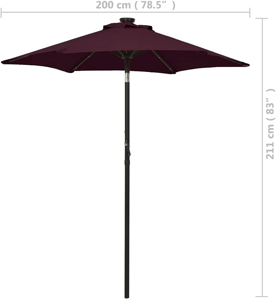 vidaXL Tiltable Parasol with LED Lights - UV-Protective and Moisture-Resistant Outdoor Umbrella, Durable Aluminum Construction, 78.7" Diameter, Bordeaux Red and Dark Gray