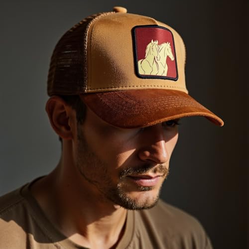 Image of Baseball Cap for Men Original Adjustable Unisex Cap, Mens Caps Stylish, Brown Suede Cap with Net Back, Structured 5 Panel A-Frame Trucker Hat, Amber Luxe