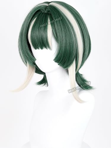 Image of Guita Cosplay Wig Short Dark Green Anime Wig for Women Green and White Layered Wig with Bangs Hime Cut Wigs for Women Halloween Party Costume