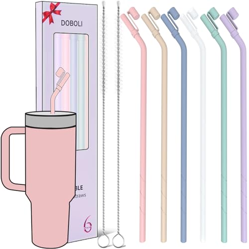 Image of Doboli Replacement 13 inch Long Silicone Straw With Straw Cover,Compatible with Stanley Owala 40 oz 30 oz Cup Tumbler, 6 Pack Reusable Bent Straw with Cleaning Brush,for Stanley Tumbler Accessorie