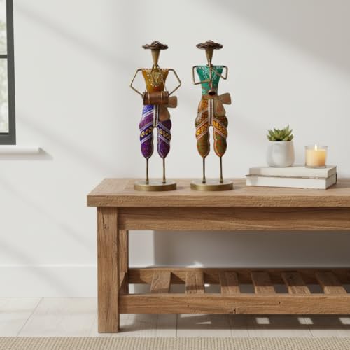 Image of CraftVatika Handpainted Iron Standing Musician Set of 2 Playing Musical Instrument Figurine Showpiece for Home Decor, Multicolor (13.5 Inches Height)