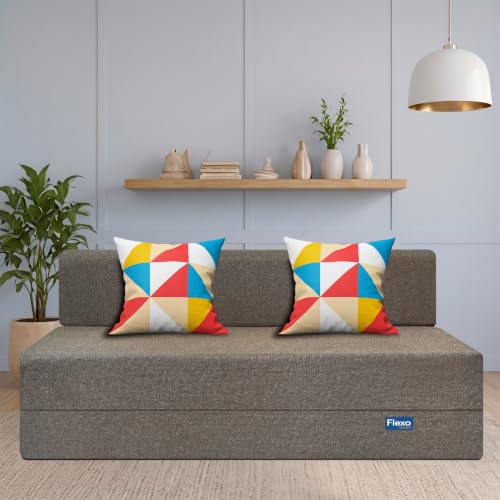 Image of Starlon 3 Seater Sofa Cum Bed Foldable 3-in-1 Sofa Bed with 1 Year Warranty, Washable Jute Fabric Cover & 2 Geometrical Pillows | Guest Bed | Coffee Brown 6x6.5 Ft