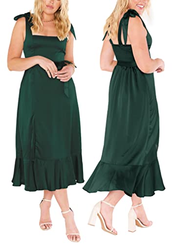 Mirgler Womens Dark Green Tie-Up Square Neck Strap Satin Dress For Women Smocked Back High Waist Ruffle Side Slit Beach Cocktail Evening Party Elegant Bridesmaid Midi Dresses S #TOP2