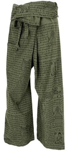 GURU SHOP Pantalon de pêche thaïlandais avec imprimé mantra en coton tissé - Pantalon de yoga pour homme/femme - Vert - Taille unique, vert olive, taille...