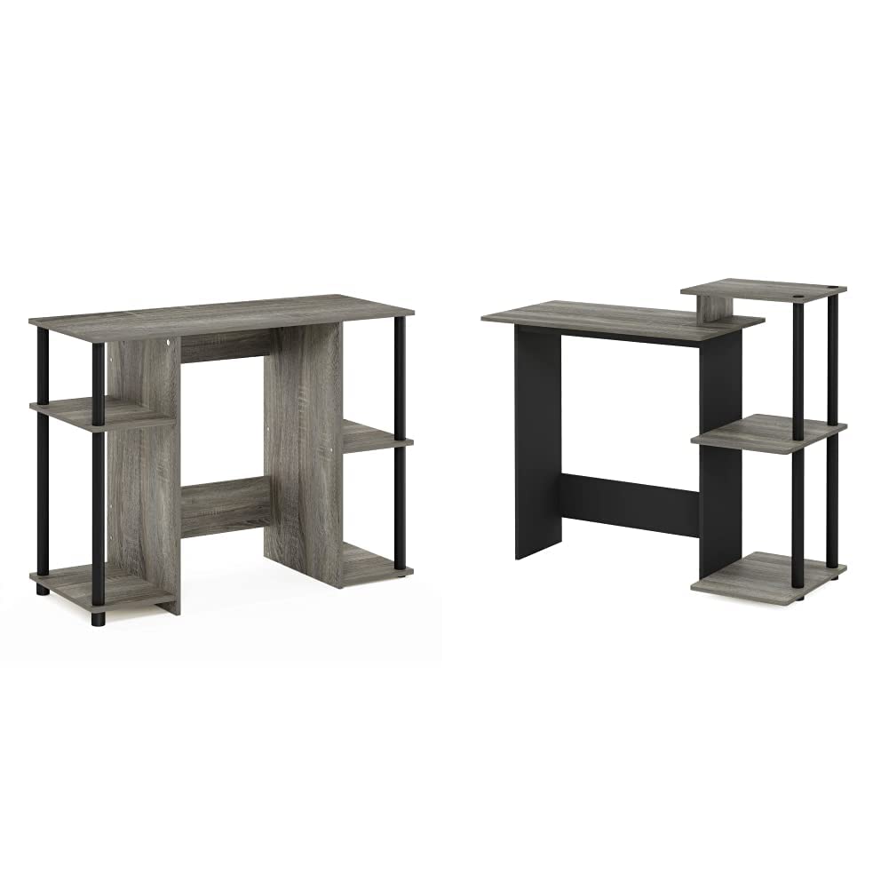 Furinno Jaya Computer Study Desk, French Oak Grey/Black & Efficient Home Laptop Notebook Computer Desk with Square Shelves, French Oak Grey/Black