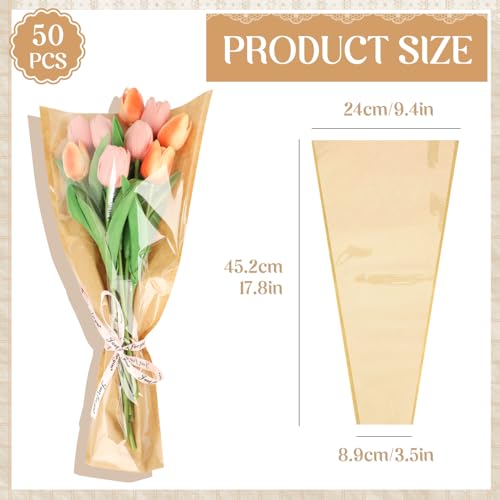 Cecliy 50 Pcs Flower Bags for Bouquets, Kraft Paper Flower Sleeves, Bouquet Wrapping Paper for Birthday Wedding Graduation Gifts, Florist Wrap Supplies, 45.2 x 24 cm / 17.8 x 9.4 Inches