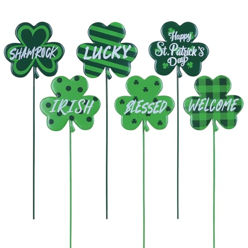 YEAHOME St Patricks Day Decorations Outdoor, Set of 6 Metal Shamrock Decorative Garden Stakes for St Patricks Day Decor, Lucky Saint Patricks Yard Signs for Garden Lawn Porch Pot Flowerbed