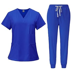 Scrubs Sets for Women Solid Color Fashion V Neck Short Sleeve Scrub Top and Casual Jogger Scrub Pant with Pockets