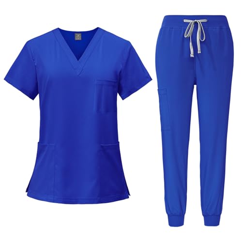 Scrubs-Sets-for-Women-Solid-Color-Fashion-V-Neck-Short-Sleeve-Scrub-Top-and-Casual-Jogger-Scrub-Pant-with-Pockets