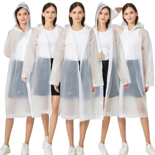 RUISHYY Rain Ponchos for Adults Women Men (2-5 Pack), Reusable EVA Raincoats Jackets with Hood Portable Waterproof Rain Gear (5 White)