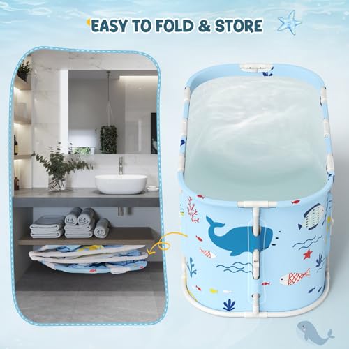Faltbare Badewanne für Dusche, 92L x57W x 56H cm, freistehende Badewanne mit Sitz, Warmwasserdusche, Eisbad, Sauna, Massagewanne, tragbares Eisbad für Erwachsene (hellblau Ozean-Stil)