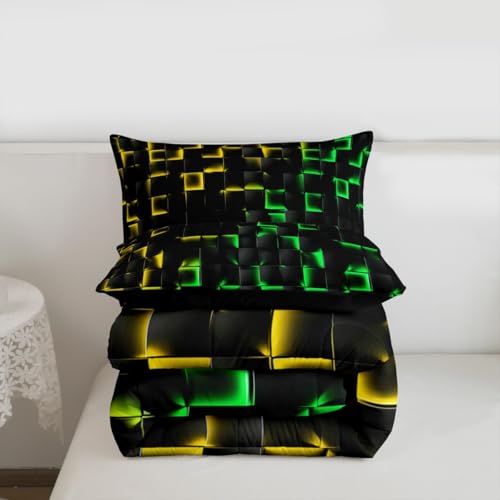 Image of Erosebridal Geometric Checkered Comforter Set Toddler Neon Yellow Green Bedding Set for Kids Boys Teen Gamer Room Decor,Abstract Ombre Plaid Comforter Grids Quilt Duvet Black