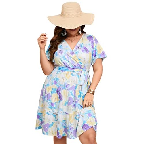 KOJOOIN Women Plus Size V Neck Wrap Dress High Waisted Short Sleeves Summer Casual Midi Dress with Belt, XX-Large, Yellow Purple Short Sleeve