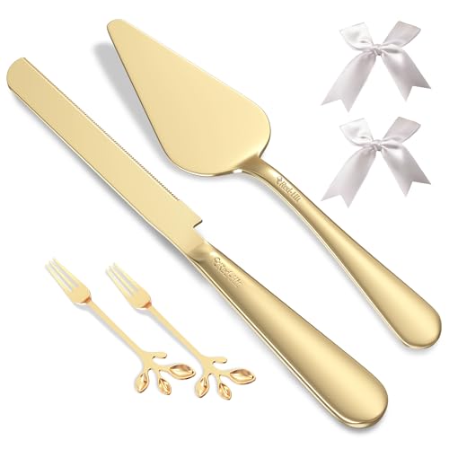 Elegant Gold Cake Knife Set with Forks