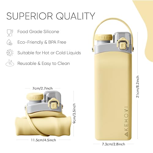 Kehovi Collapsible Silicone Water Bottle - Reusable Foldable Bottle- Portable Bottle - Essential For Sports Gym Camping Hiking – Travel Must Have - Leak Proof - Bpa Free - 20.5 Oz (Yellow) #TOP4