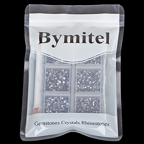 Image of Bymitel 7200 Pieces 6 Different Sizes Stick on Glass Rhinestones Round Crystal Gemstones Flat Back for DIY Jewelry Making with a Picking Pen (6 Sizes, 7200 Pieces)