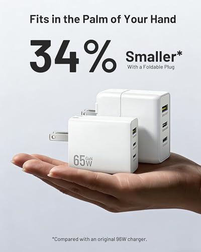 Image of 65W USB C Charger, 3-Port Foldable GaN Fast Charger with 4ft Cable | 2 USB-C PD & 1 USB-A, Compact Travel Design, Type C Charger Fast Charging, for iPhone 17 /16 /15, Galaxy S26 /S25, iPad, MacBook