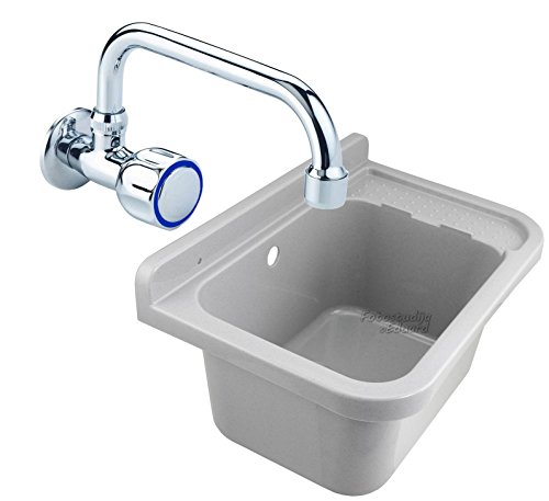 Ausgussbecken | grau | inkl. Standard Wand-Kaltwasserarmatur | aus Kunststoff | 50x34x21