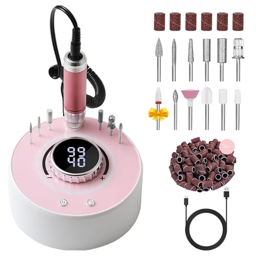 Qinvone Brushless Electric Nail Drill 40000RPM Professional Rechargeable (with 12 Drill Bits ) Cordless Nail File Machine for Shaping, Polishing & Removing Gel Nails for Salon Home (Pink)