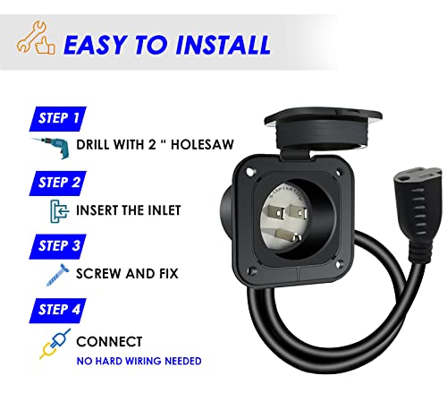 15 Amp Ac Port Plug, 125 Volt Power Inlet, Waterproof Electrical Outlet Receptacle With 18-Inch Extension Cord, 2 Pole 3 Wire Nema 5-15 Flanged Inlet Plug For Electrical Connections #TOP5
