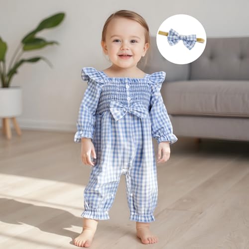 Infant Baby Girl Outfits Long Leg Frill Trim Ruffle One-Piece Jumpsuit Bubble Romper With Bow + Headband2