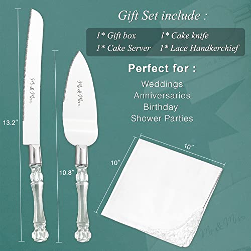 Set Of 3 Wedding Cake Cutting-Mr And Mrs Wedding Cake Knife Cake Pie Pastry Servers And White Lace Handkerchief,Cake Cutter And Server Set Perfect For Wedding,Birthday,Anniversary,Parties And Events #TOP3