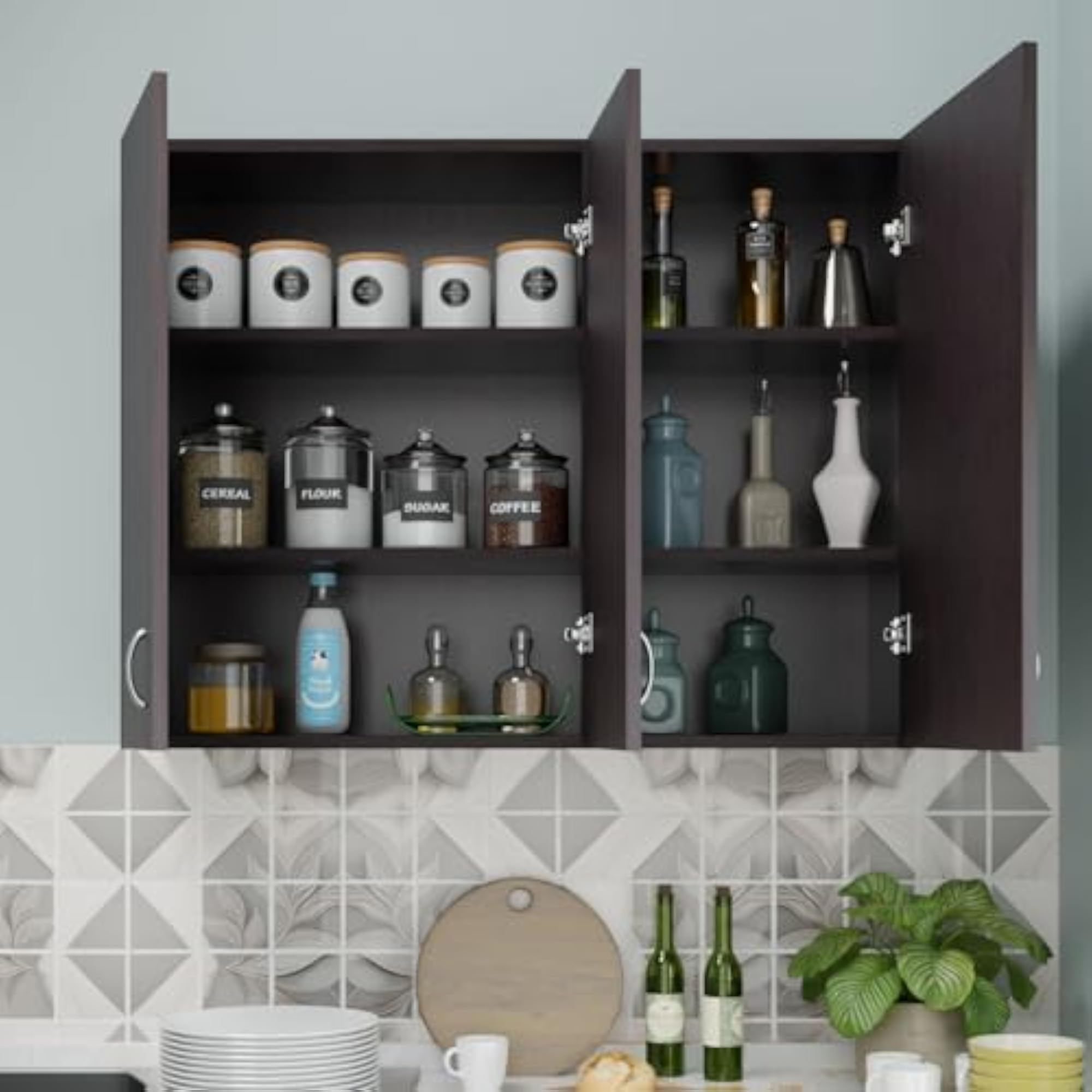 Curio Modular Kitchen Wall Cabinet with 3 Doors, Space Saving Rack