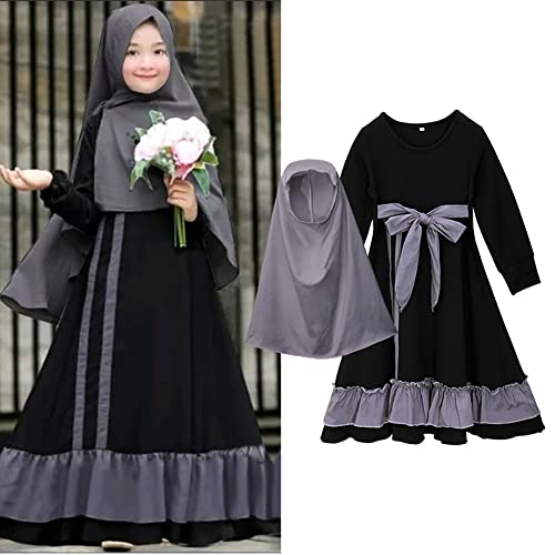 IDOPIP Muslim Girls Dress for Kids Long Sleeve Islamic Prayer Abaya Dress Maxi Kaftan Thobe with Hijab 2PCS Modest Clothes2