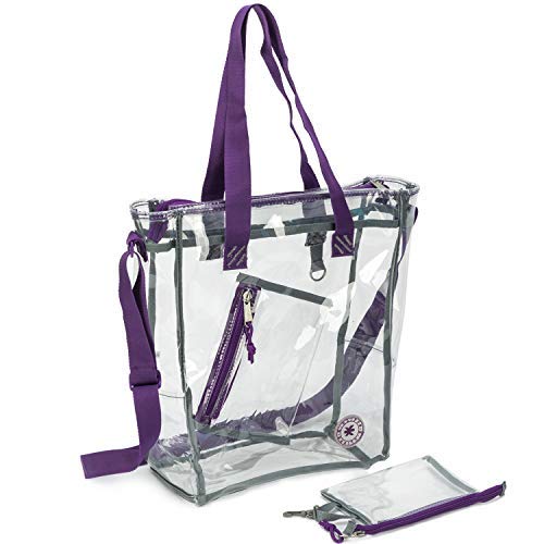 K-Cliffs Quality Clear Tote Durable See Through Work Bags Heavy Duty Transparent Pvc Shoulder Lunch Bag Handbag Free Coin Pouch Purple Trim #TOP12