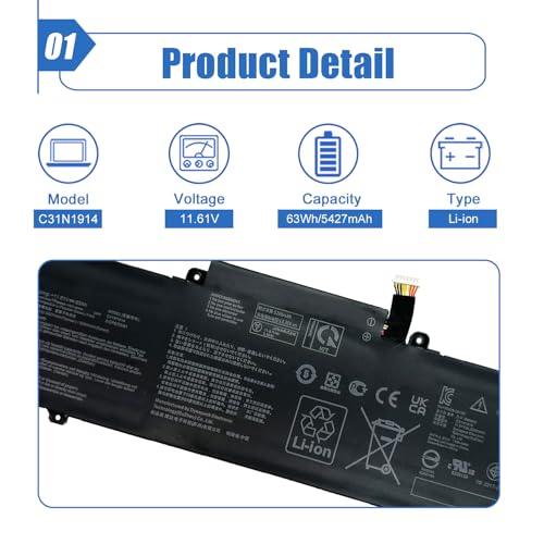 Image of 63Wh C31N1914 Laptop Battery Compatible with Asus ZenBook 13 UX425UG ZenBook 14 UX435EA UX435EAL UX435EG UX435EGL UM425QA UM425QA-KI072T UM425UAZ B7402FEA Serie 0B200-03730100 11.61V 5427mAh