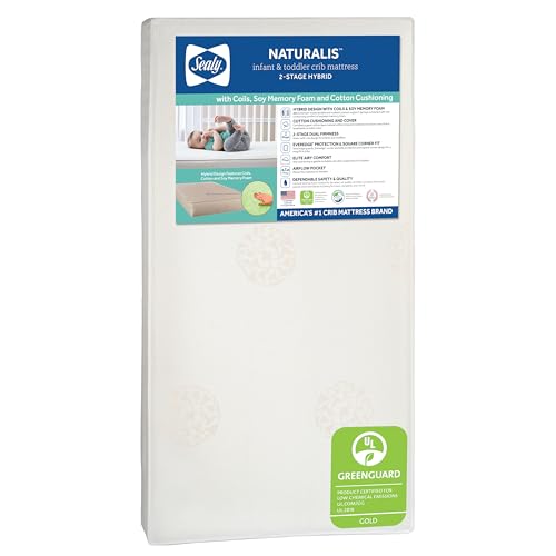 Image of Sealy Baby Naturalis Breathable Hybrid 2 Stage Waterproof Crib Mattress plus Toddler Bed Fit, Natural Cotton, Non Toxic, GREENGUARD Gold Certified, Safety & Quality Tested, Made in USA, 52"X28"