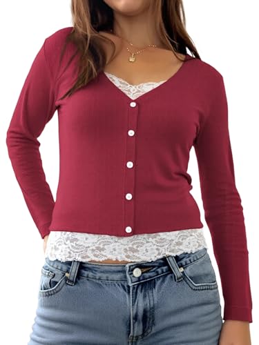 Image of Womens Lace Long Sleeve Top Paneled Henley Shirts Y2k 2000s Fitted Going Out Tops Blouse