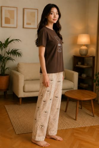 Image of Women's Korean Style Looper Fabric Nightsuit Set | Cute Print Half Sleeve T-Shirt & Pajama Set | Soft Comfortable Nightwear & Loungewear for Women