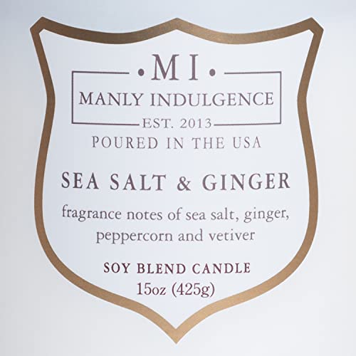 Manly Indulgence Sea Salt & Ginger Scented Jar Candle, Signature Collection, Wood Wick, White, 15 Oz - Up To 60 Hours Burn #TOP3
