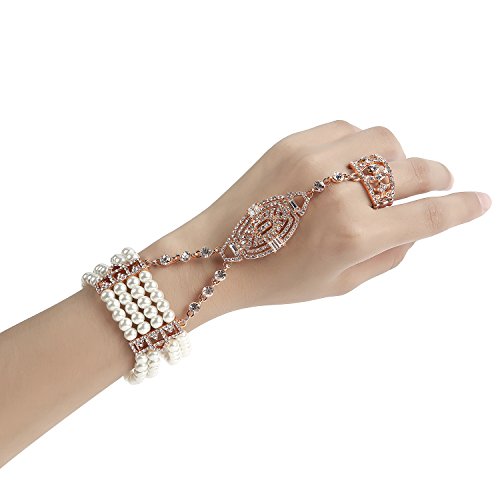 Radtengle 1920s Flapper Bracelet Bangle Simulated Pearl Crystal Bracelet Adjustable Ring Set Great Gatsby Jewelry Accessories