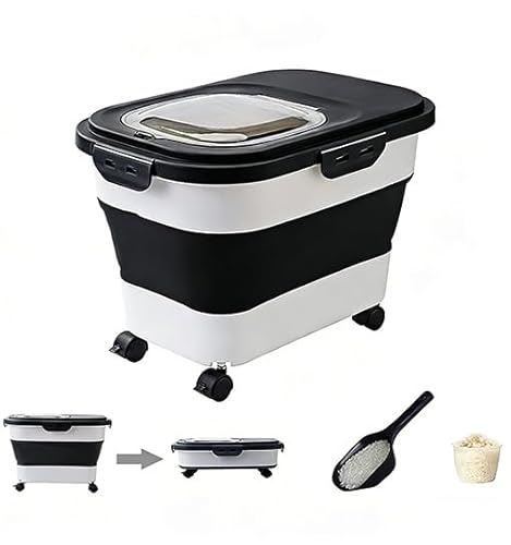 10-16kg Rice Storage Container,Collapsible Airtight Food Bin with Wheels,BPA Free Kitchen Storage for Flour,Sugar,Cereal,Pet Food – Includes Measuring Cup & Scoop, Space-Saving Design (Black)