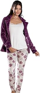 بيجامة شتوي قطيفة تيشيرت حمالات و بنطلون بنقشة زهور و جاكيت قصير بأزرار للنساء