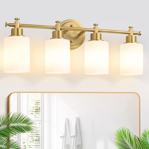 Image of 4-Light Bathroom Vanity Light, Brushed Gold Vanity Lights for Bathroom, Modern Brushed Gold Wall Sconce with White Glass Shades, Anti-Rust Light Fixtures over Mirror (Bulbs Not Included, E26 Base)