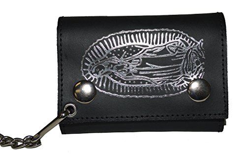Leatherboss Genuine Leather Trifold Designer Virgin Mary Biker Chain Wallet Credit Card Cash Holder, Black2