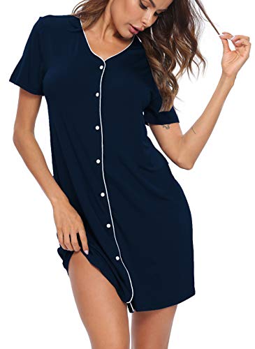 Image of SWOMOG 2 Pack Nightgown for Women V Neck Soft Short Sleeve Sleepshirt Pajama Dress Soft Modal Nightwear
