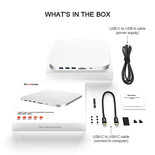 Image of Qwiizlab Mac mini Hub with Dual Drive Enclosure, Docking Station for Mac mini M2 /M1, Mac Studio M3 /M2 /M1, Type-C 10Gbps, Card Readers 104MB /s, Fits M.2 SATA NVMe SSD, 2.5'' HDD SSD (Silver)