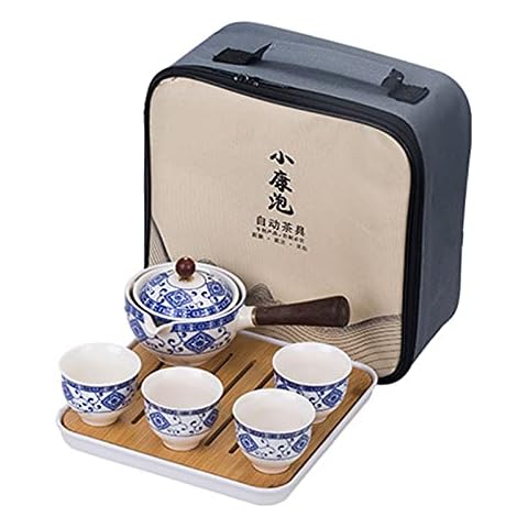 fanquare Portable Chinese Travel Tea Set, Handmade Kungfu Tea Service, One Teapot, 4 Tea Cups, Bamboo Tea Tray with Travel Bag, Blue and White Cover
