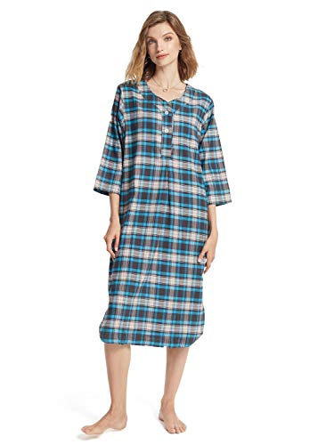 SIORO Women's Flannel Nightgown Plaid Cotton Sleepshirt Long Nightshirt Sleepwear, Turquoise and Gray Plaid, Large