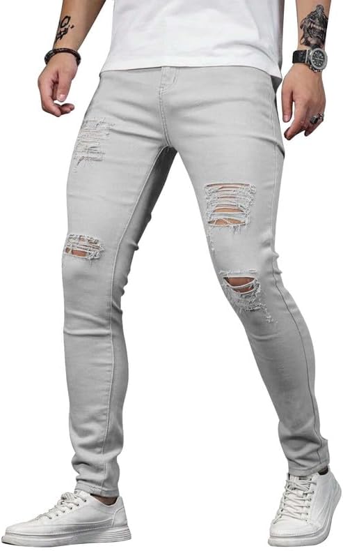 HUNGSON Men's Blue Slim Fit Jeans Stretch Destroyed Ripped Skinny Jeans Side Striped Denim Pants - Image 3